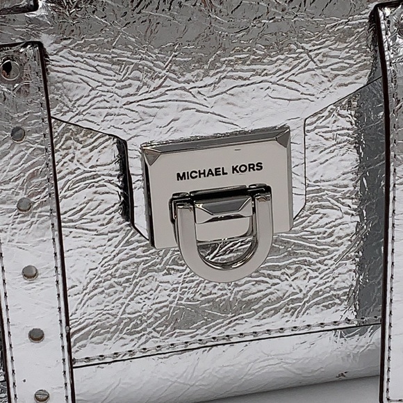 MICHAEL KORS MANHATTAN MEDIUM TOP HANDLE SCHOOL SATCHEL CROSSBODY BAG SILVER - Picture 6 of 16